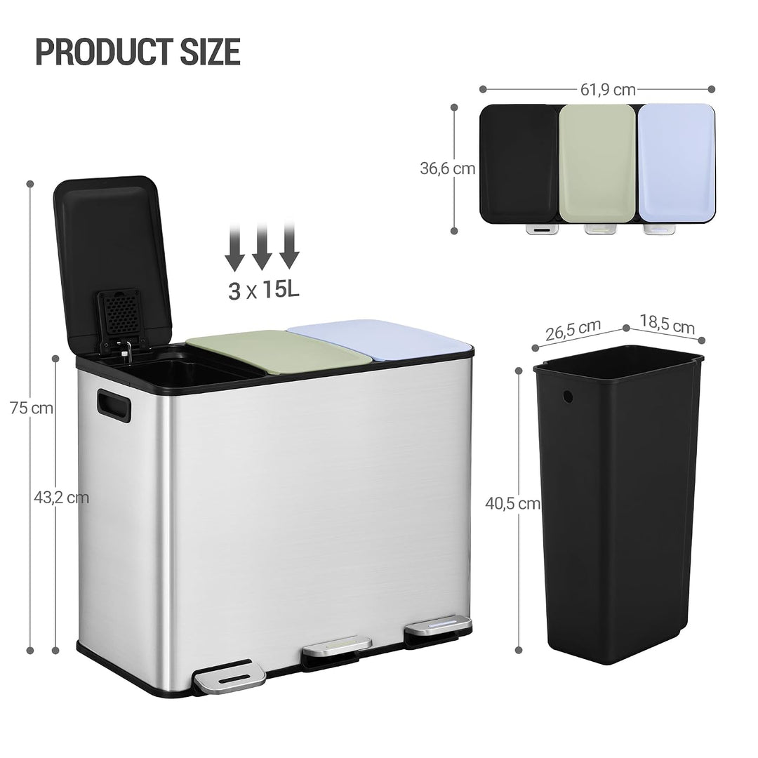 Hzuaneri Mülleimer Küche, 3 x 15 L, Mülltrennsystem 3 Fächer, Mülleimer mit Farbigem Soft-Close-Deck