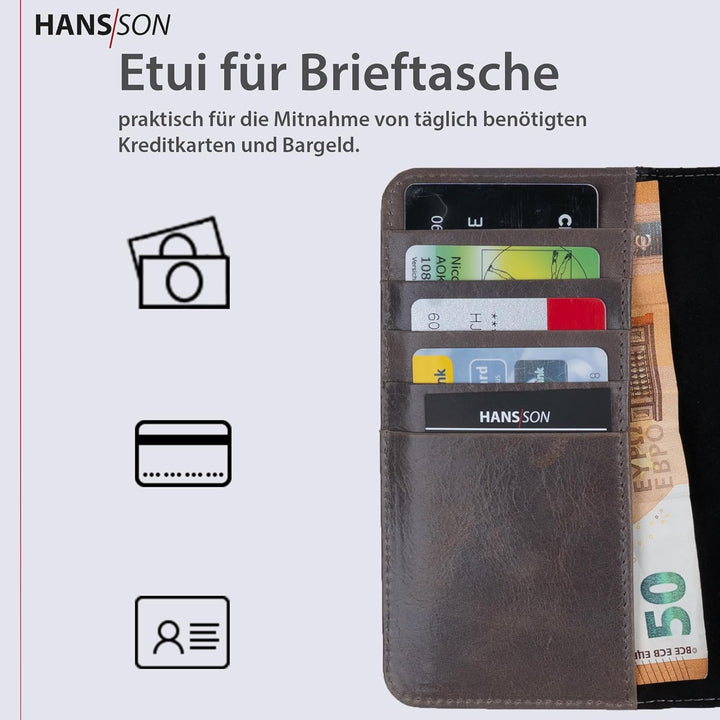 HANS/SON Handyhülle kompatibel mit iPhone 14 pro | Flip Case Echt-Leder | Magsafe Klapphülle mit Kar