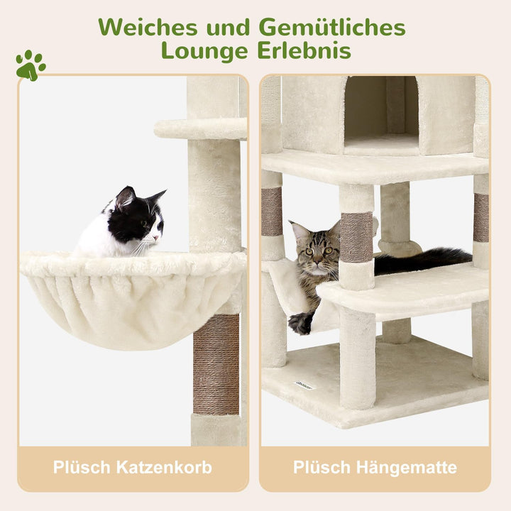 Globlazer Kratzbaum Beige Gross, Eckkratzbaum Stabil hoch 167 cm mit 2 Sektor Katzenhaus, Gepolstert