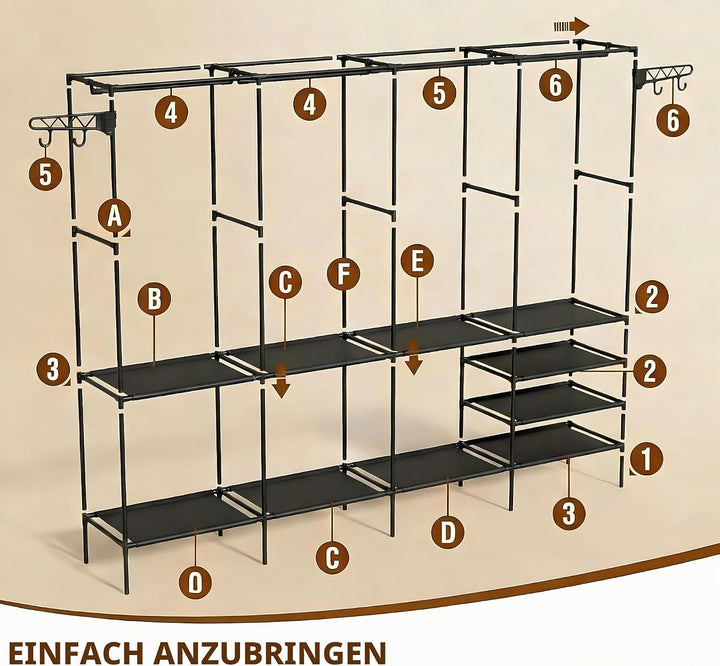Kleiderständer 4 Ebenen, Offener Kleiderschrank mit Kleiderstange und Ablagen, Freistehender Kleider
