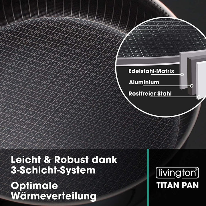 LIVINGTON Titan Pan - Grosse Pfanne mit Deckel 28 cm - hohe Servierpfanne - Hochrandpfanne mit Diama