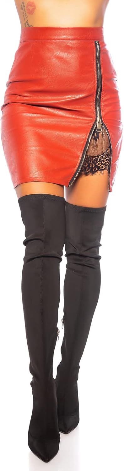 Koucla Rock Lederlook Leder- Kunstleder Optik High Waist Minirock mit Schlitz und Spitze 38 Bronze,