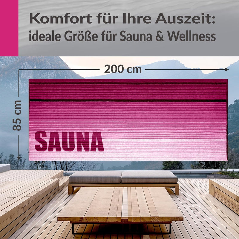 Lashuma Saunatuch Oslo, Streifen Rosa bis Weinrot, Hochwertiges Saunaliegetuch, Riesen Badehandtuch,