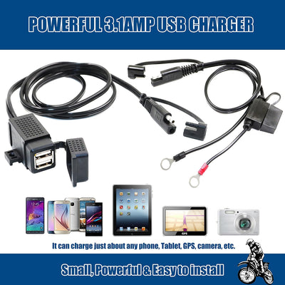 MOTOPOWER MP0609EA-UK 3,1 Amp USB-Ladegerät für Motorrad, wasserdicht, mit SAE-Klemmenkabel