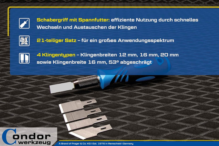 Condor Werkzeug 5940 | Schaber-Satz | 21-tlg. | zum Entfernen von Plaketten, Aufklebern, Vignetten,