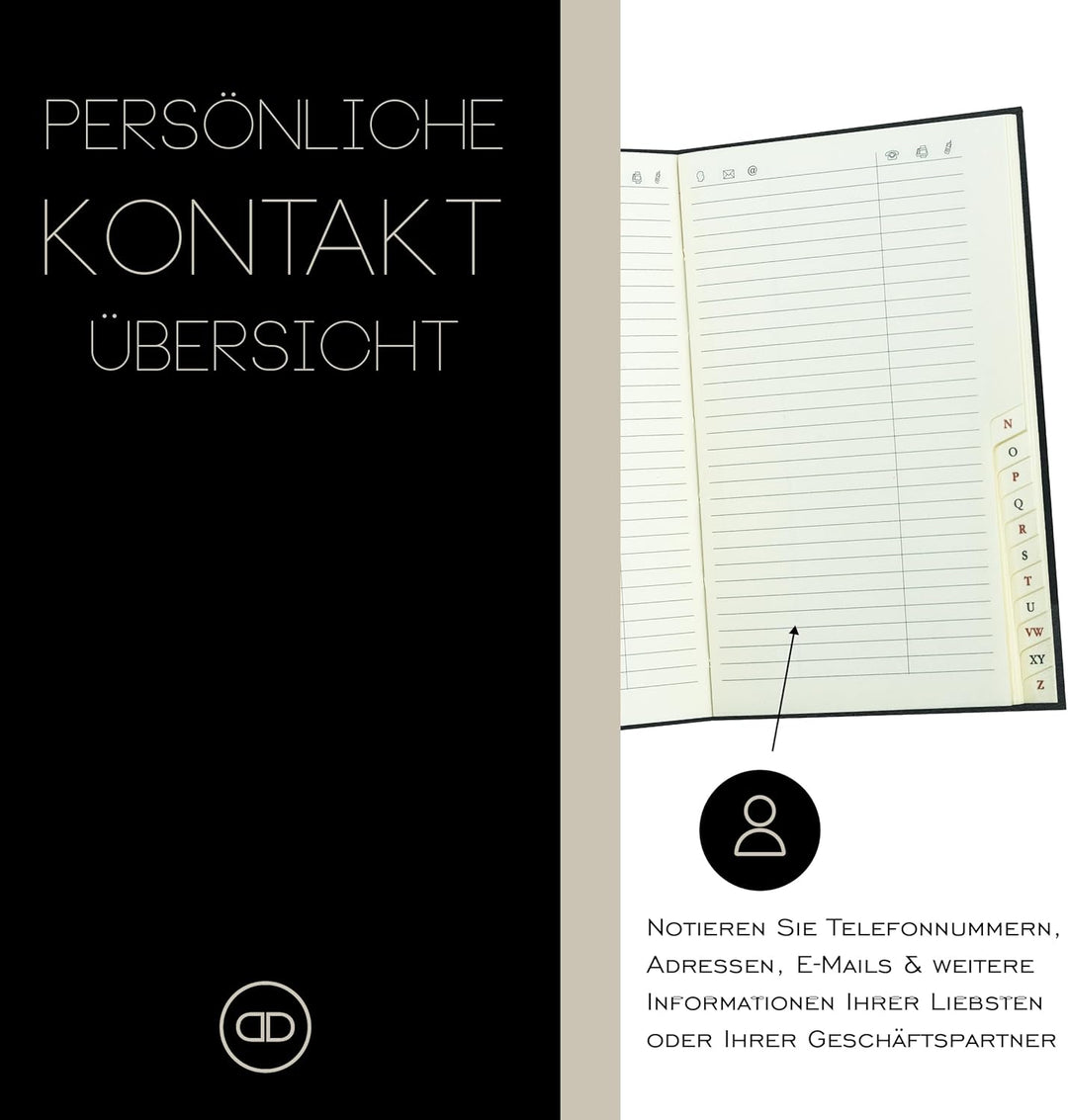 DELMON VARONE - Personalisierbares Adressbuch DIN A7 gebunden mit A-Z Register Anilin Vintage Premiu