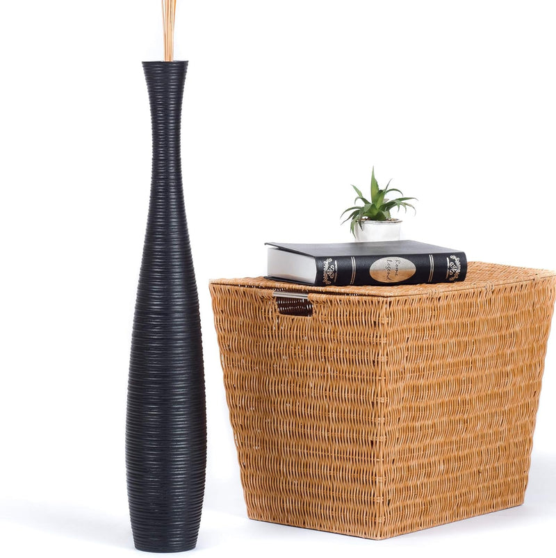 Leewadee Grosse Bodenvase für Dekozweige hohe Standvase Design Holzvase, Holz, 70 cm, Schwarz 70 cm