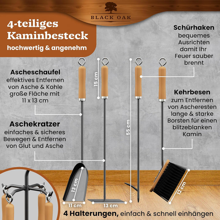 BLACK OAK Kaminbesteck ST. MORITZ 6-teilig - wohnliches & dekoratives Ofenbesteck Set schwarz mit Ho