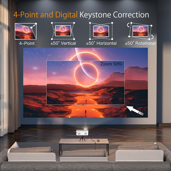 Smart Beamer【Elektrische Keystone 6D/4P】 VOPLLS Elektrische Fokus 28000 Lumen Beamer 4K Unterstützt,