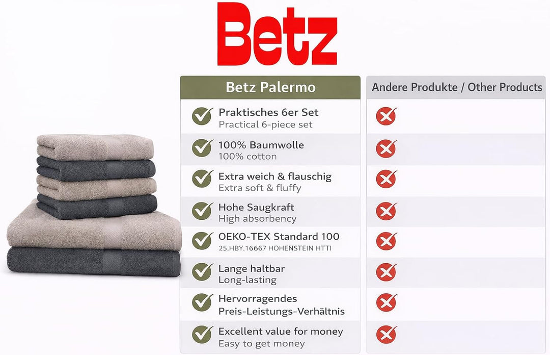 Betz Palermo Handtuch-Set – 6er Handtücher-Set - 2X Liegetücher - 4X Handtücher - 50x100 cm - anthra