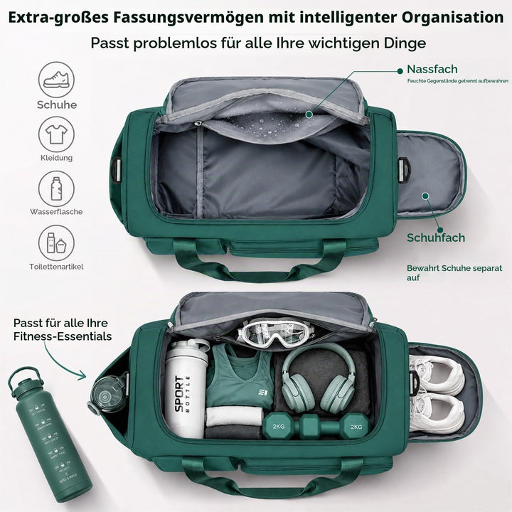 FIORETTO 35L Damen Sporttasche, Faltbare Reisetasche mit Schuhfach &amp; Nassfach, Wasserabweisende Week