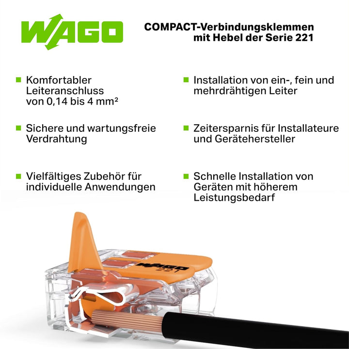 WAGO Verbindungsklemmen 221-412 | 2 Leiter, bis 4 mm², 100 Stück, COMPACT Kabelverbinder mit Hebel f