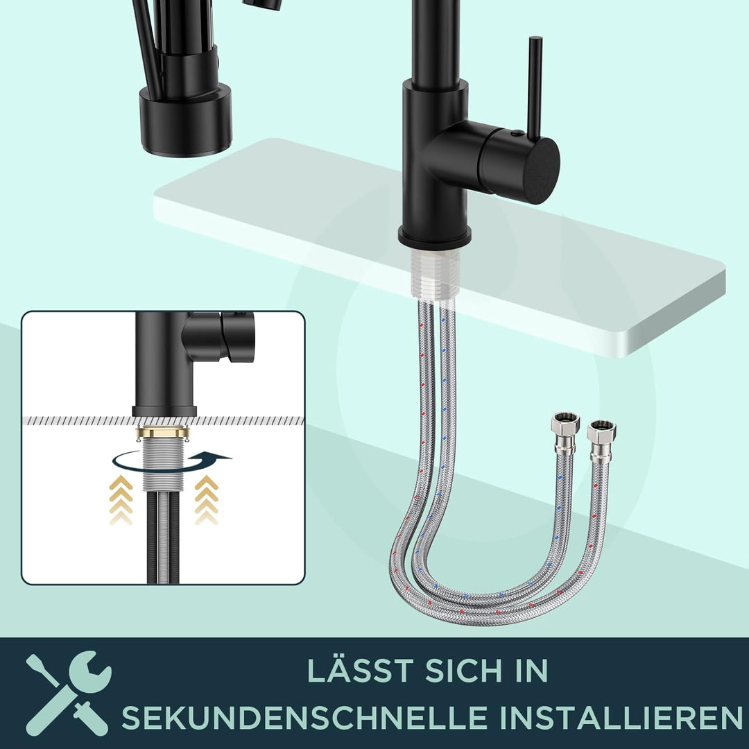 FORIOUS Wasserhahn Küche Schwarz,Edelstahl-Küchenarmatur Spülarmaturen Küche, Zweigriff-Mischbatteri