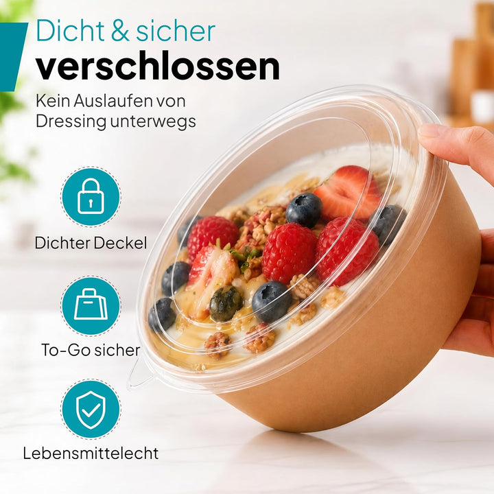 Commerline 1000ml Bio Salatschale Salatschalen | 150 Stk. Salat Schale Schalen Bowl Einweg mit Decke
