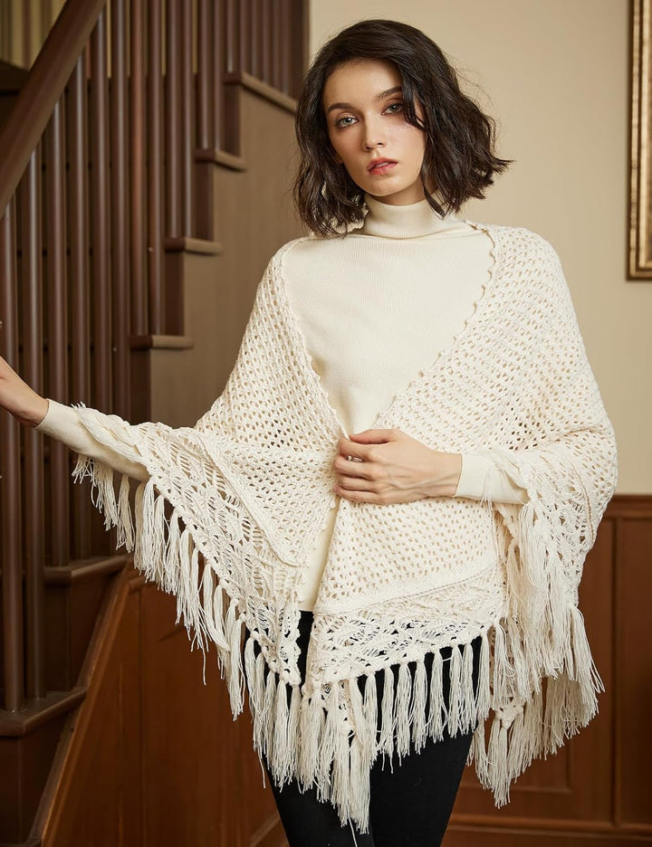 BEAUTELICATE Damen Gestricker Schal Stola Dreiecksschal Warm Hohl Stricken Cape Cardigan Elegantz Dr