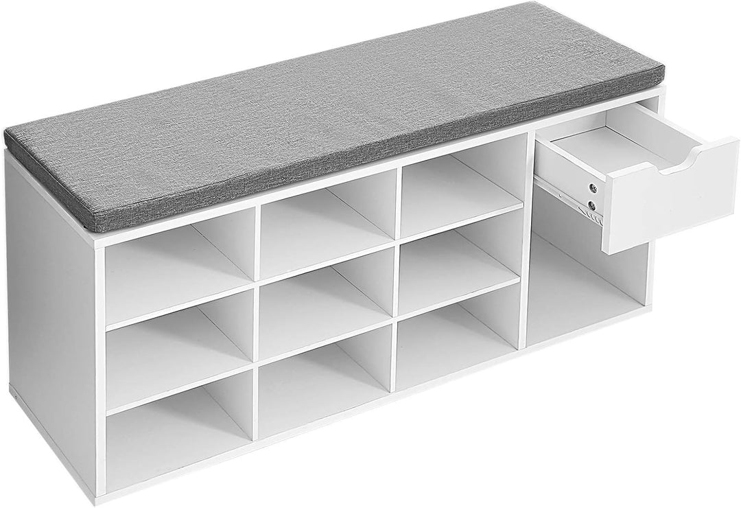 VASAGLE Schuhbank, Schuhregal mit Schublade und offenen Fächern, Sitzbank, gepolsterter Sitz, Flur,