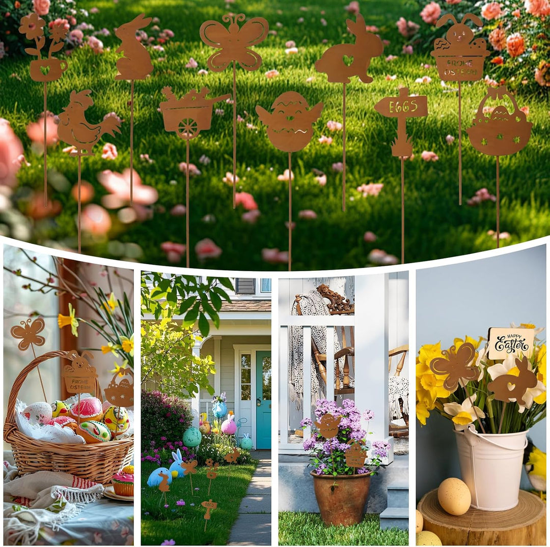 YUE QIN 10 Stück Gartenstecker Gartendeko Rost Osterdeko Garten Draussen Rostdeko Gartendeko Metall