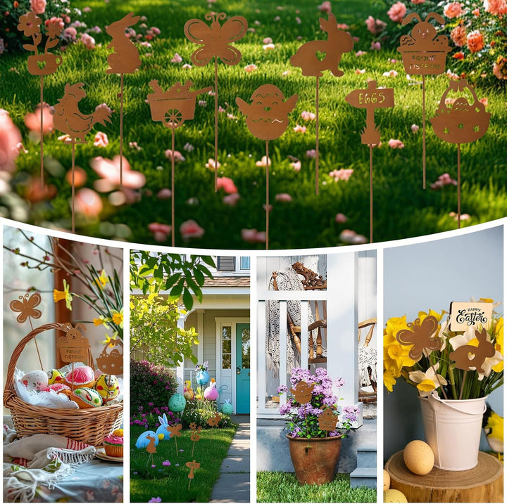 YUE QIN 10 Stück Gartenstecker Gartendeko Rost Osterdeko Garten Draussen Rostdeko Gartendeko Metall