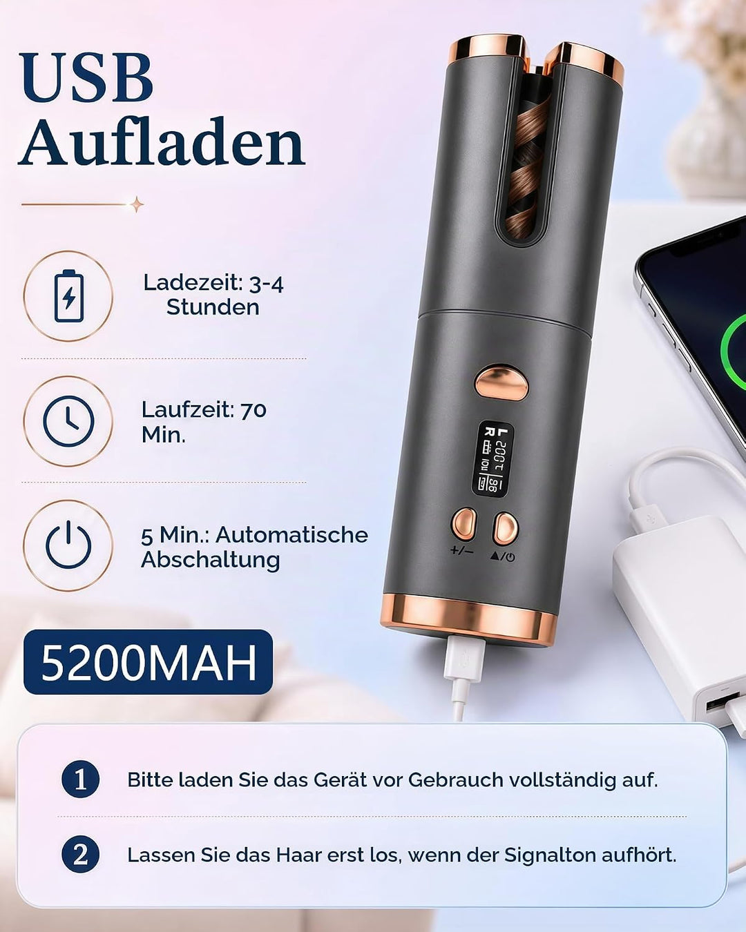 Automatischer Lockenstab Kabellos, Lockenwickler Akku mit Keratin | Welleneisen mit 6 Temperaturen &amp;