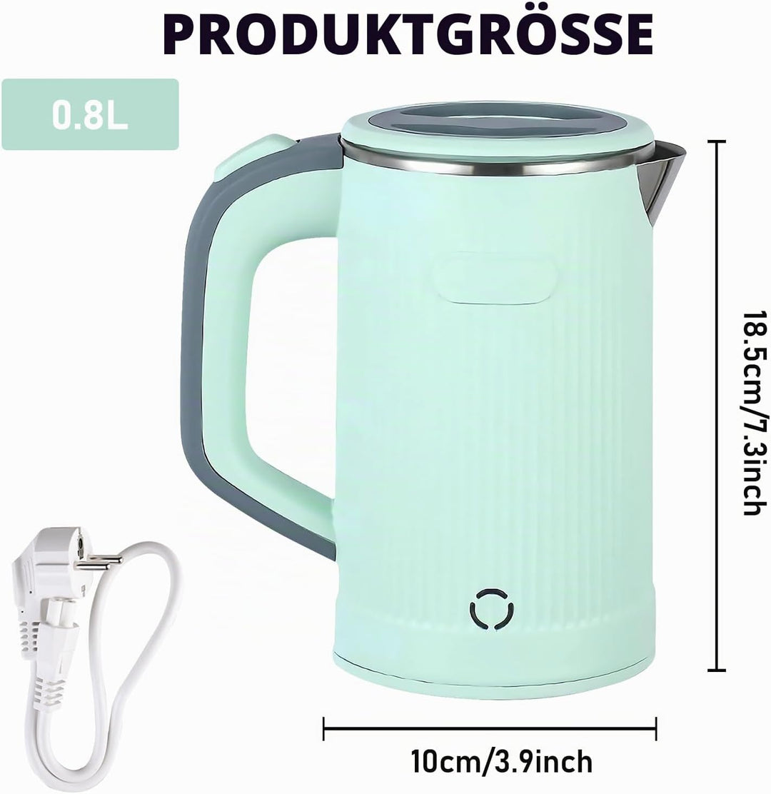 800ML Edelstahl Wasserkocher, 5-Minuten-Schnelles Kochen, Tragbar für Reisen &amp; Hotel (Grün)