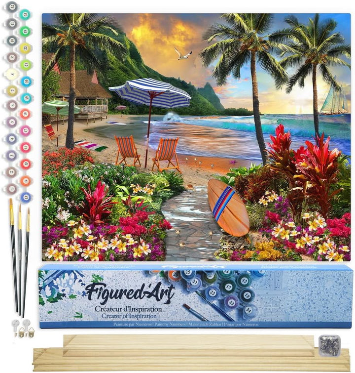 Figured'Art Malen Nach Zahlen Erwachsene Mit Rahmen Palme am Strand - Paint by Numbers Basteln DIY B