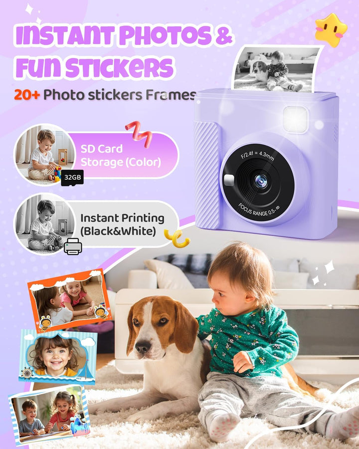 TIATUA Kinderkamera Sofortbildkamera, 2,4 Zoll Sofortbildkamera Kinder mit 32G Karte und Fotopapier