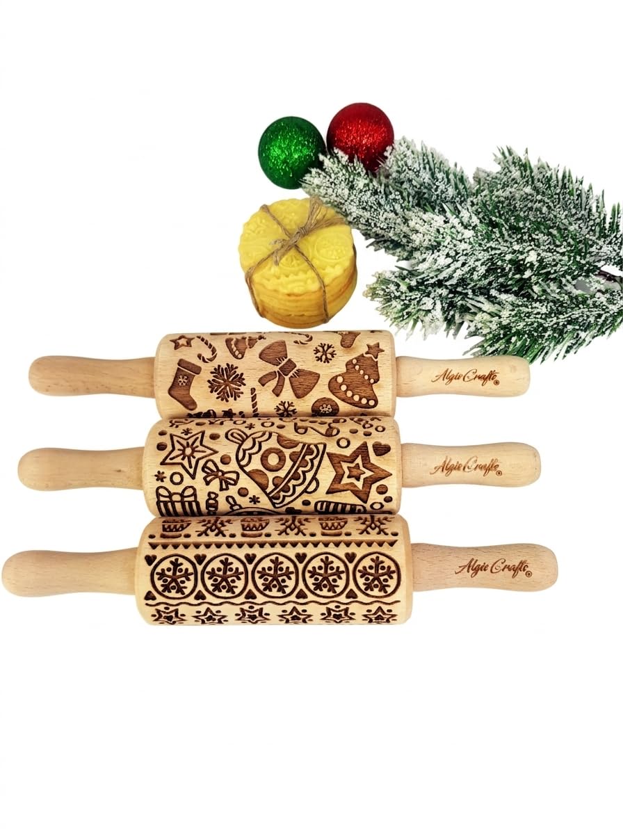WEIHNACHTSSPASS 3-er SET Kinder Nudelhölzer Teigrolle für hausgemachtes Gebäck. Weihnachten Teigroll