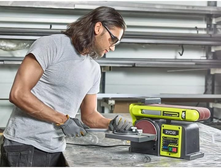 RYOBI 370 W Stand-Bandtellerschleifer (Leerlaufdrehzahl von 2.850 min-1, Winkel von 0 oder 90 Grad,