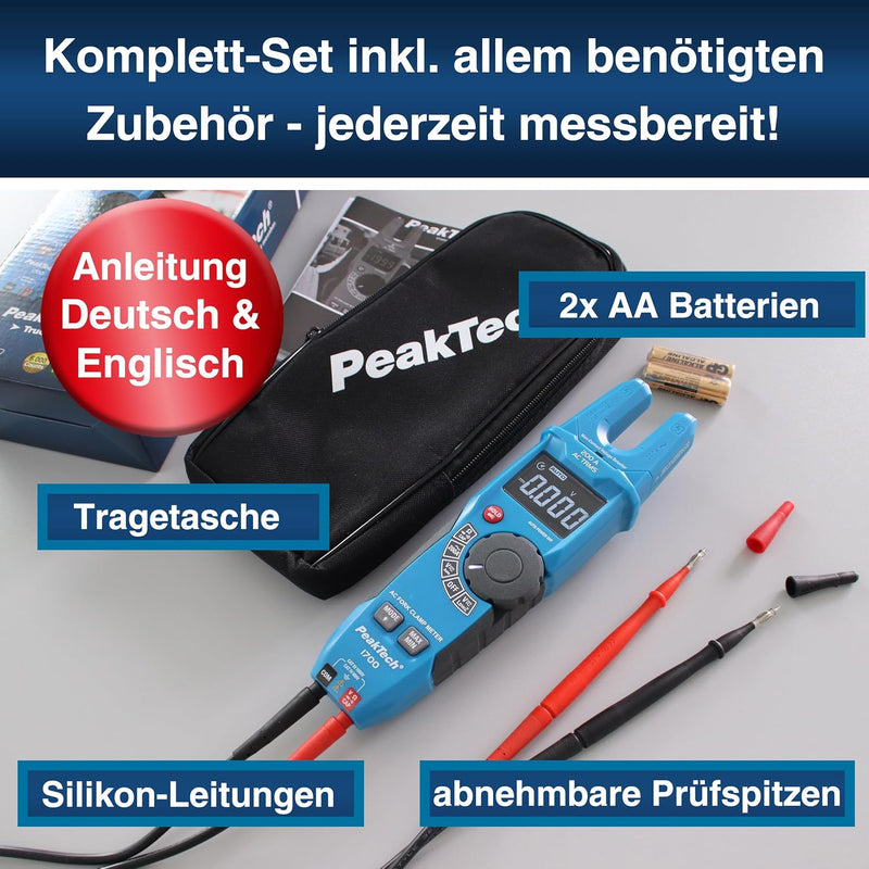 PeakTech 1700 – TRUE RMS Gabelstromzange 200 A AC, Spannungsdetektor mit LCD Anzeige, Gabelförmiges