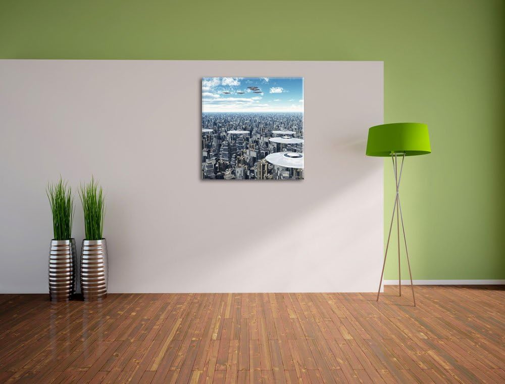 Ufo´s über der Stadt, Format: 70x70 auf Leinwand, XXL riesige Bilder fertig gerahmt mit Keilrahmen,