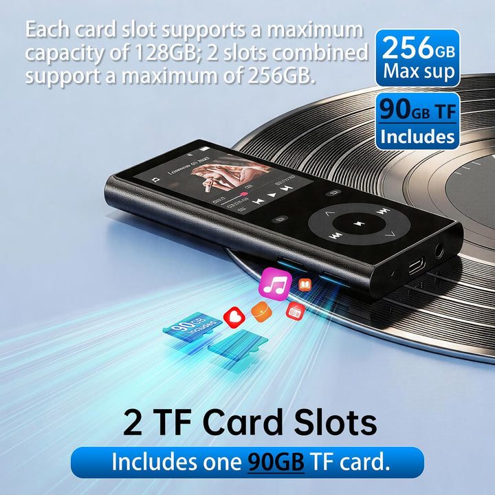 90GB MP3 Player Bluetooth 5.3, Musik Player 2 TF-Kartensteckplätzen, 2,4" Farbbildschirm, Touch-Tast