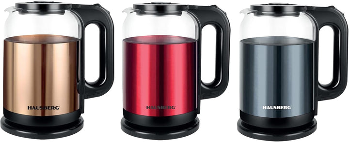 Wasserkocher 2L – Edelstahl & Glas – 1800W, Kabellos, mit LED-Beleuchtung – Automatische Abschaltung