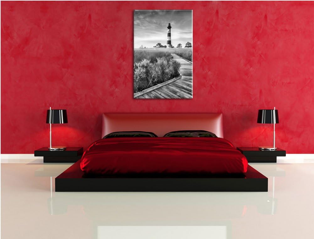 Pixxprint Leuchtturm im Nebel / 100x70cm Leinwandbild bespannt auf Holzrahmen/Wandbild Kunstdruck De