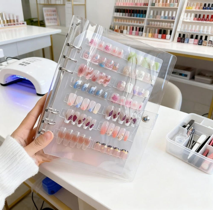 A5 Nagel-Organizer Set mit Druckknopf & Loseblatt-System – Robuste transparente Box + 6 Klebepads &