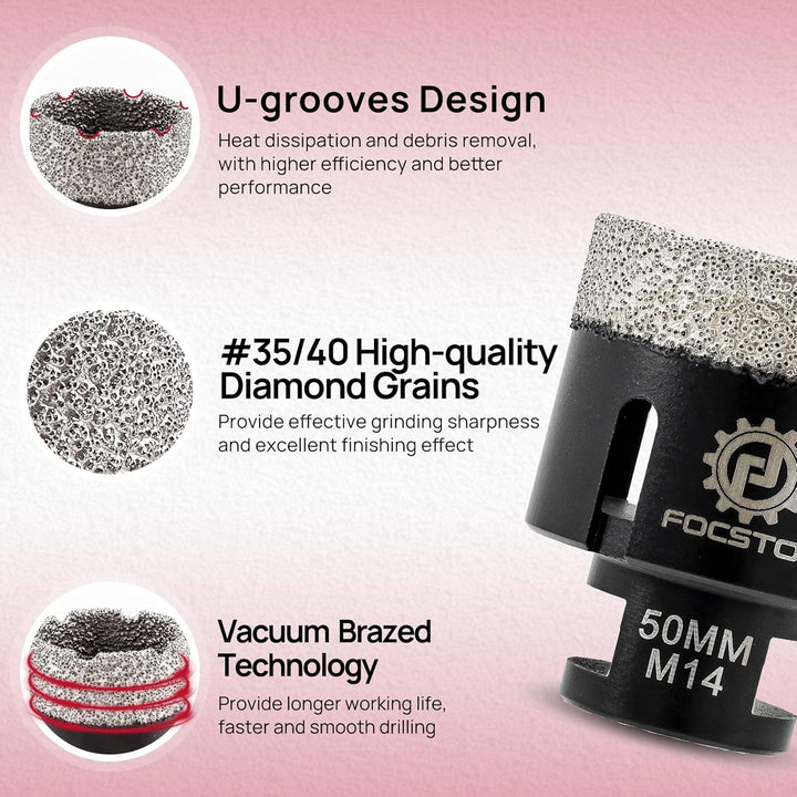 FOCSTOL Diamant Fliesenbohrer 50mm Vakuumgelötete Diamant Lochsäge für Porzellan Keramik Fliese Marm
