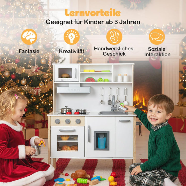 GOPLUS Kinderküche Holz, Kinderspielküche mit Mikrowelle, Spüle, Wasserhahn, Gasherde, Abzugshaube,