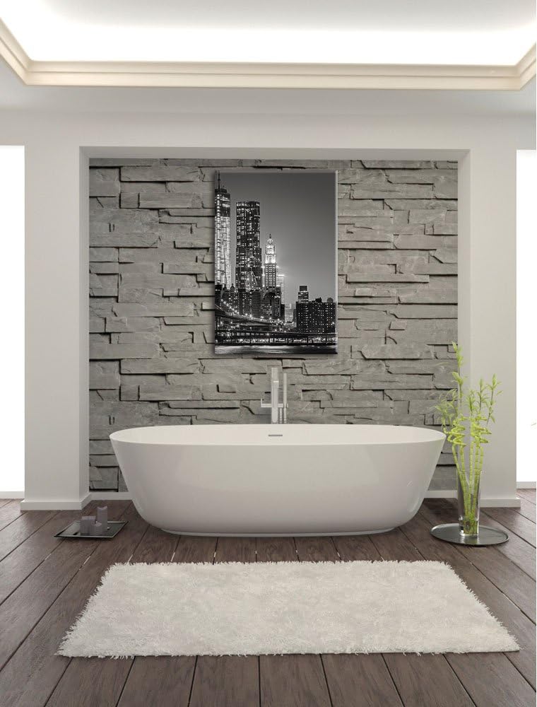 Pixxprint New York City Skyline bei Nacht / 100x70cm Leinwandbild bespannt auf Holzrahmen/Wandbild K