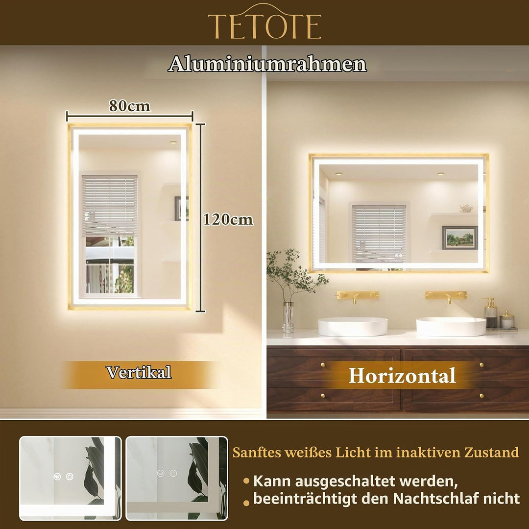 TETOTE Badspiegel mit Beleuchtung Gold Metallrahmen 120x80cm, Badezimmerspiegel Beleuchtet Beschlagf