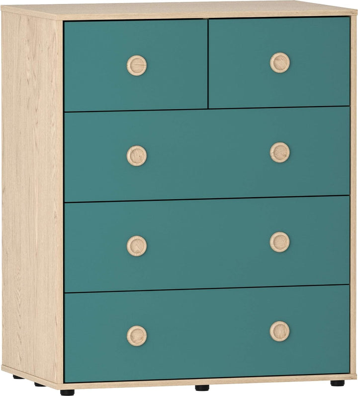 Junior Vida Neptune Kommode 5 Schublade Truhe Schlafzimmer Möbel Storage Blau & Eiche, Blau & Eiche