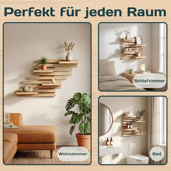 Wandregal Holz Hängend - Modulares Bücherregal Set aus Massivholz - Schwebendes Regalbrett für Wohnz