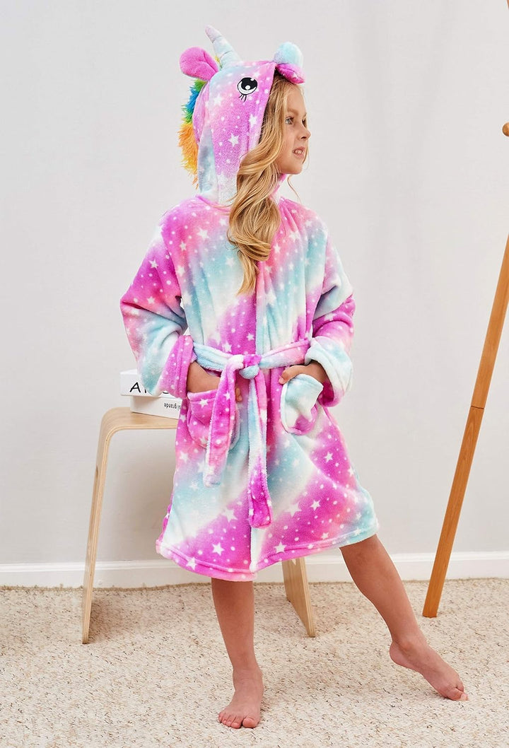 Piefry Weicher Einhorn-Bademantel mit Kapuze für Mädchen mit Einhorn-Pantoffeln, Augenbinde und Stir