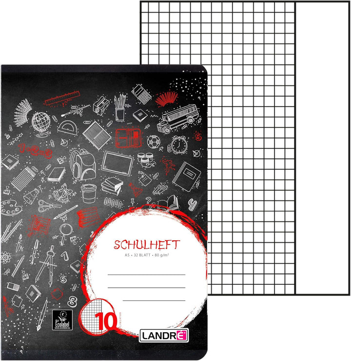 Landré Schulheft A5, 32 Blatt, Lineatur 10, kariert mit Rand, 10 Stück Lineatur 10 - kariert mit Ran
