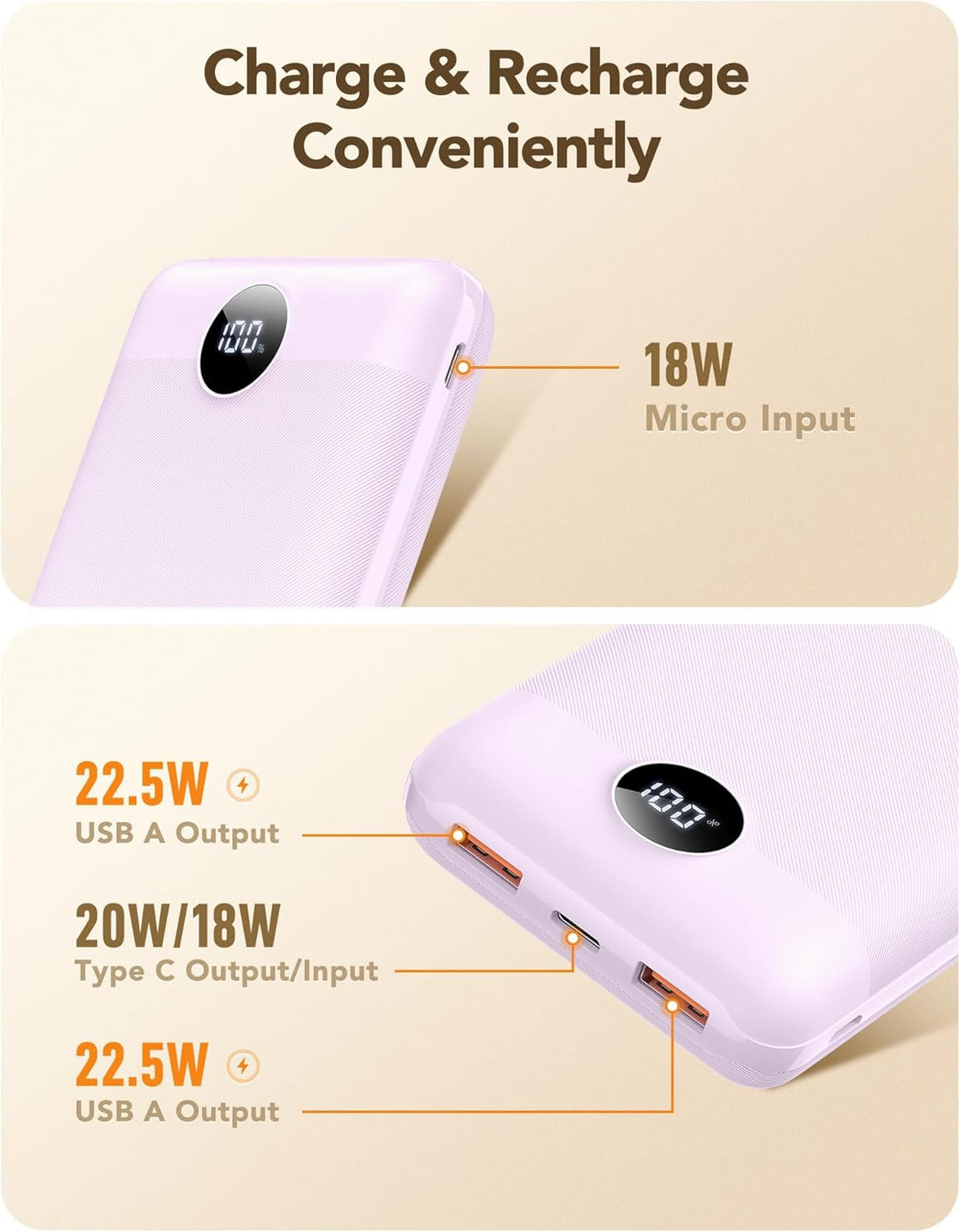 VEGER Power Bank 20000mAh klein 22.5W, Powerbank USB C Schnelles Aufladen Externe Handyakkus PD/QC3.