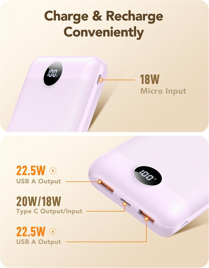 VEGER Power Bank 20000mAh klein 22.5W, Powerbank USB C Schnelles Aufladen Externe Handyakkus PD/QC3.