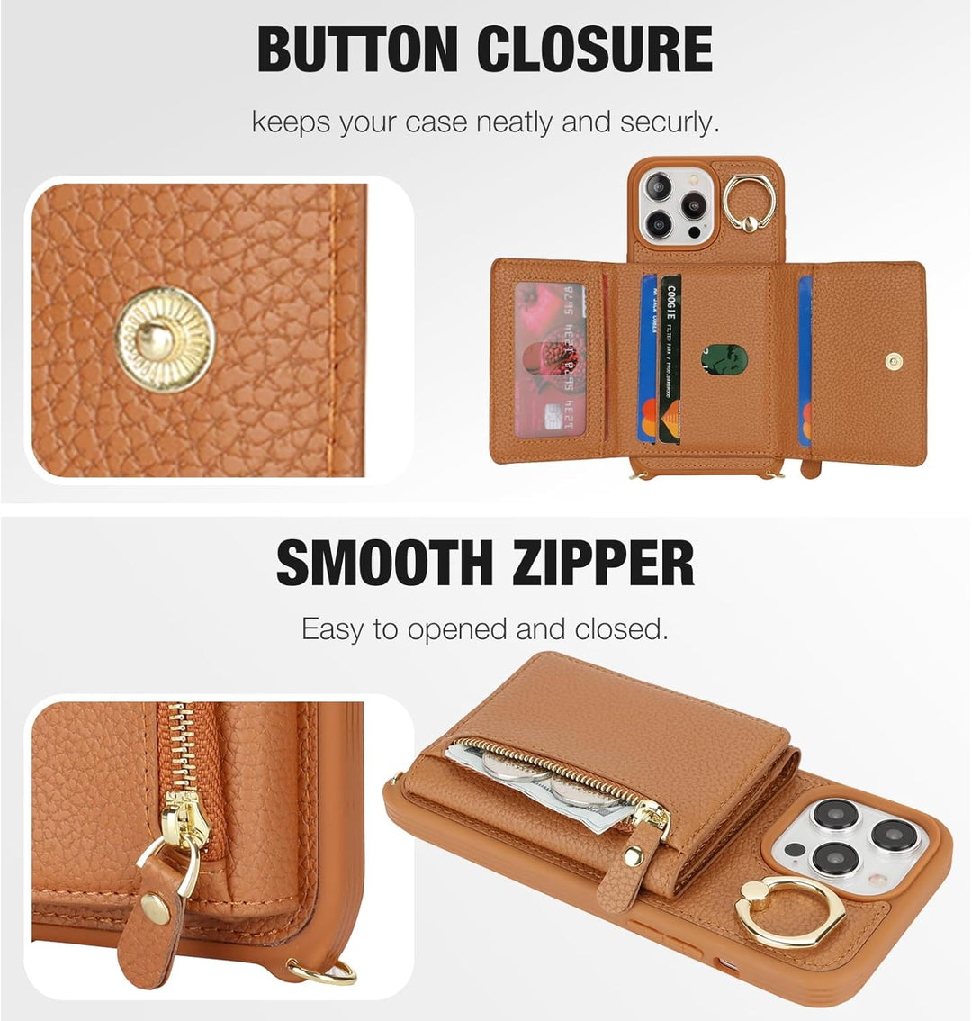 ELTEKER Handyhülle für iPhone 15 Pro Max Hülle mit Band Kartenfach Handykette Ringhalterung Geldbörs