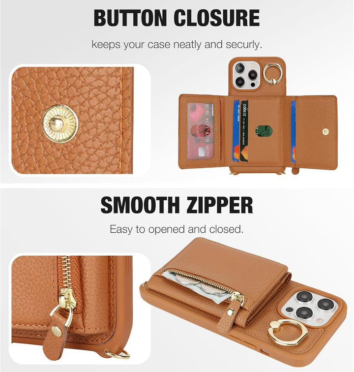 ELTEKER Handyhülle für iPhone 15 Pro Max Hülle mit Band Kartenfach Handykette Ringhalterung Geldbörs