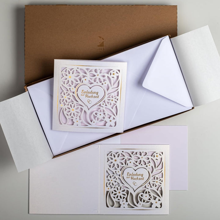 ART NUVO HOCHZEITSEINLADUNGEN - 20 St. 135x135mm, MIT BEDRUCKBAREN EINLAGEN UND UM-SCHLÄGEN FÜR HOCH