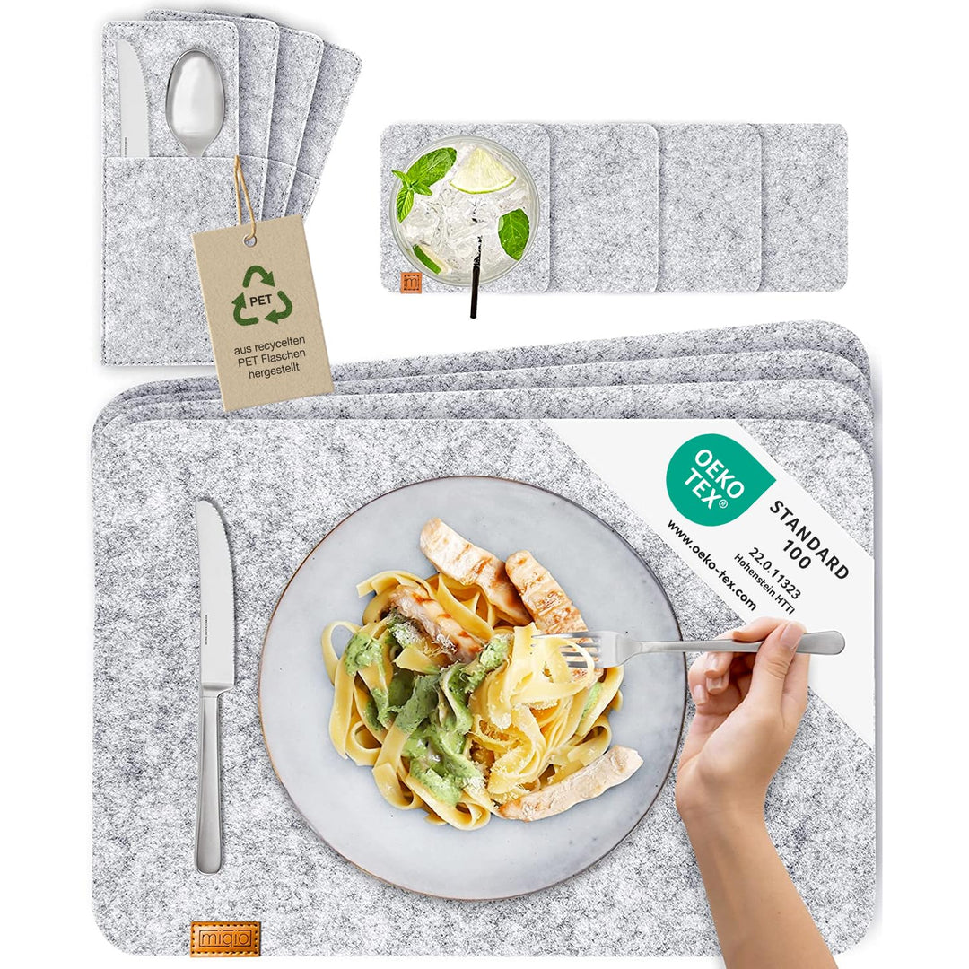 MIQIO Tischset aus Filz - 12er Tisch Untersetzer-Set - Filz Tischset abwaschbar - 4 Platzsets, Glasu