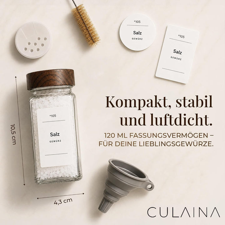 Gewürzgläser mit Streueinsatz [24x 120ml] + 320 Wasserfeste Label - Luftdichte Gewürzgläser eckig -