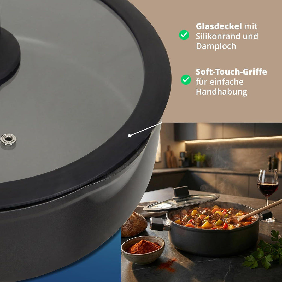 KHG Aluminium Kochtopf 28 cm mit Glasdeckel - ILAG Xeradur 5 Antihaftbeschichtung, Soft-Touch-Griffe